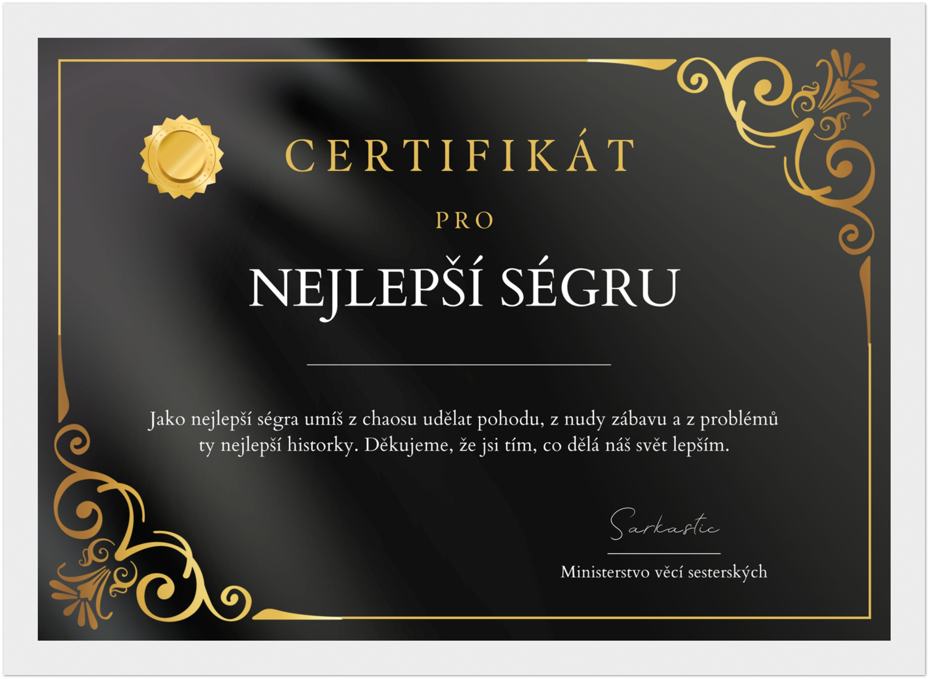 Certifikát Nejlepší Ségra